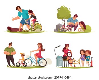 Cycle family set with sport and activity symbols flat isolated vector illustration