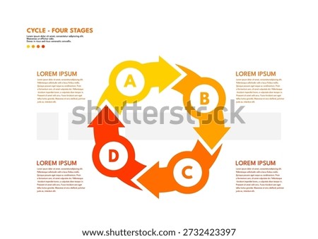 Cycle - four stages, infographic process diagram with arrows and letters. Vector illustration