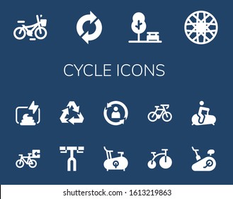 cycle icon set. 14 filled cycle icons. Included Bicycle, Sync, Park, Spoke wheel, Compost, Handlebar, Recycling, Bike, Rotate, Stationary bike icons