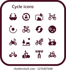  cycle icon set. 16 filled cycle icons. Simple modern icons about  - Bicycle, Rotate, Compost, Bike, Recycle, Full moon, Motorbike, Park, Stationary bike, Handlebar, Tandem