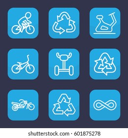 cycle icon. Set of 9 outline cycle icons such as exercise bike, recycle, eternity, motorcycle, bicycle