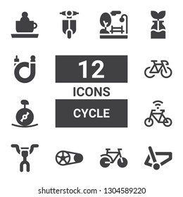 cycle icon set. Collection of 12 filled cycle icons included Bicycle, Bike, Crankset, Handlebar, Unicycle, Vespa, Reuse, Ride, Park