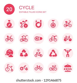 cycle icon set. Collection of 20 filled cycle icons included Unicycle, Bicycle, Bike, Crankset, Full moon, Recycle, Recycling, Handlebar, Tricycle, Ride