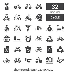 cycle icon set. Collection of 32 filled cycle icons included Bicycle, Park, Tricycle, Handlebar, Recycle, Bike, Recycled paper, Recycling, Ride, Unicycle, Full moon, Reuse