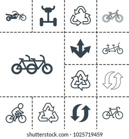 Cycle icons. set of 13 editable filled and outline cycle icons such as family bicycle, wheel, arrow, motorcycle, recycle, bicycle