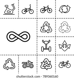 Cycle icons. set of 13 editable outline cycle icons such as exercise bike, recycle, motorcycle, bicycle, wheel, update, arrow
