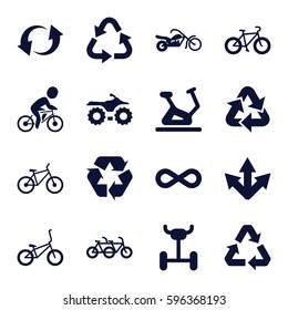 cycle icons set. Set of 16 cycle filled icons such as exercise bike, recycle, update, eternity, bicycle, motorcycle, wheel, family bicycle