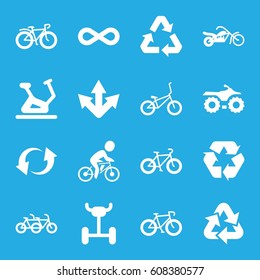 Cycle icons set. set of 16 cycle filled icons such as exercise bike, bicycle, recycle, update, eternity, motorcycle, wheel, family bicycle