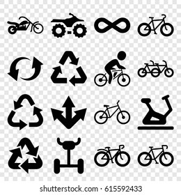 Cycle icons set. set of 16 cycle filled icons such as exercise bike, recycle, bicycle, update, eternity, motorcycle, wheel, family bicycle