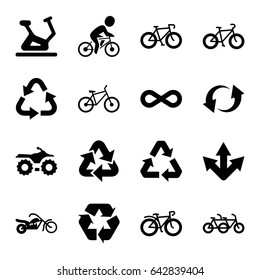 Cycle icons set. set of 16 cycle filled icons such as exercise bike, recycle, bicycle, update, eternity, motorcycle, family bicycle