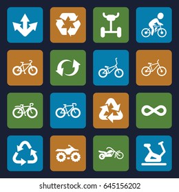 Cycle icons set. set of 16 cycle filled icons such as exercise bike, recycle, bicycle, update, eternity, motorcycle, wheel