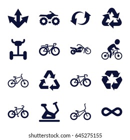 Cycle icons set. set of 16 cycle filled icons such as exercise bike, bicycle, recycle, update, eternity, motorcycle, wheel
