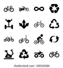 Cycle icons set. set of 16 cycle filled icons such as exercise bike, recycle, bicycle, update, eternity, motorcycle, wheel, family bicycle