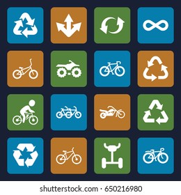 Cycle icons set. set of 16 cycle filled icons such as recycle, bicycle, update, eternity, motorcycle, wheel, family bicycle