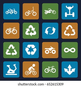 Cycle icons set. set of 16 cycle filled icons such as exercise bike, recycle, bicycle, update, eternity, motorcycle, wheel, family bicycle