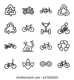 Cycle icons set. set of 16 cycle outline icons such as exercise bike, recycle, eternity, bicycle, motorcycle, wheel, family bicycle