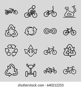 Cycle icons set. set of 16 cycle outline icons such as exercise bike, recycle, update, eternity, bicycle, motorcycle, wheel, family bicycle