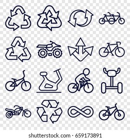 Cycle icons set. set of 16 cycle outline icons such as exercise bike, recycle, update, eternity, motorcycle, bicycle, wheel, family bicycle