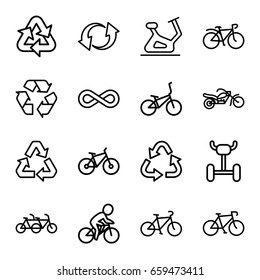 Cycle icons set. set of 16 cycle outline icons such as exercise bike, recycle, bicycle, update, eternity, motorcycle, wheel