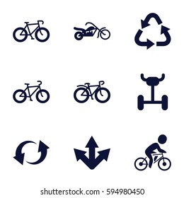 cycle icons set. Set of 9 cycle filled icons such as recycle, bicycle, update, motorcycle, wheel