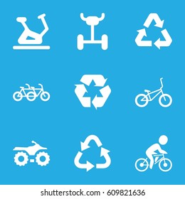 Cycle icons set. set of 9 cycle filled icons such as exercise bike, recycle, bicycle, wheel, motorcycle