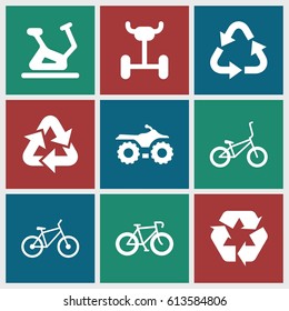 Cycle icons set. set of 9 cycle filled icons such as exercise bike, recycle, bicycle, wheel