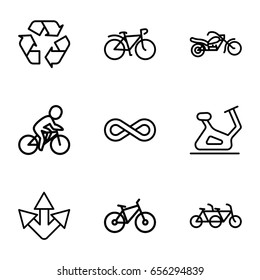 Cycle icons set. set of 9 cycle outline icons such as exercise bike, bicycle, recycle, eternity, motorcycle, family bicycle