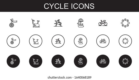 Cycle Icons Set. Collection Of Cycle With Unicycle, Stationary Bike, Pedal Boat, Bicycle, Moon Phases. Editable And Scalable Cycle Icons.