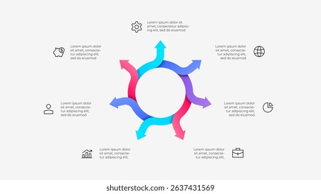 Cycle infographic with 7 arrows pointing in various directions surrounded by business icons, ideal for corporate presentations, data visualization, and highlighting workflow processes