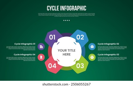 cycle infographic with big circle and arrow edge with 4 point stage with modern dark style for slide presentation vector