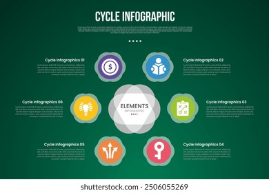 Infografía del ciclo con el fondo grande del círculo y los accesorios transparentes con la etapa de 6 puntos con el estilo oscuro moderno para el Vector de la presentación de la diapositiva