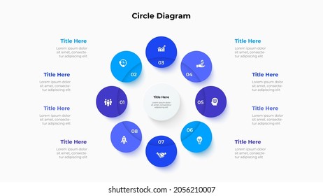 Cycle infographic business template. Central circle with eight circles around it. Vector info graphic design illustration with 8 steps.