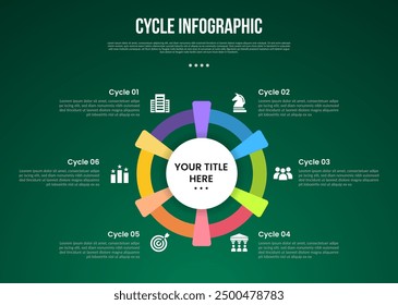 cycle infographic with creative circle spreading shape with 6 point stage with modern dark style for slide presentation vector