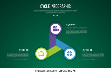 Infografía de ciclo con forma creativa de giro con borde circular con etapa de 3 puntos con estilo oscuro moderno para el Vector de presentación de diapositivas
