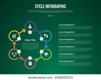 Zyklus-Infografik mit Umrisskreis-Pfeil-Kreisrichtung mit 6-Punkt-Bühne mit modernem dunklem Stil für Dia-Präsentationsvektor