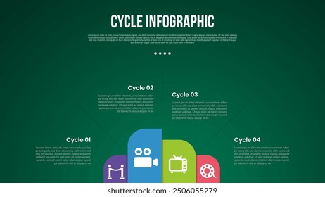 cycle infographic with round rectangle shape on bottom with 4 point stage with modern dark style for slide presentation vector