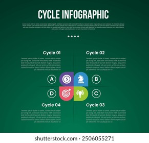 cycle infographic with round shape on matrix structure with 4 point stage with modern dark style for slide presentation vector