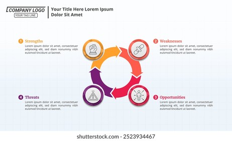 Diagrama de Infográficos de Ciclo com 4 Etapas e Texto Editável em uma proporção de 16:9 para Ciclos de Negócios, Andamento, Planos, Metas e Design de Sites.