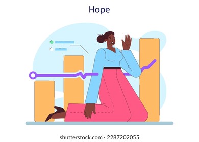 Cycle of investor emotions. Black female character with sense of hope throughout the cycle in share market. Emotional roller coaster of investing. Flat vector illustration