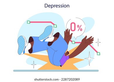 Cycle of investor emotions. Black male character with a depression throughout the cycle in share market. Zero profit in investments. Emotional roller coaster. Flat vector illustration