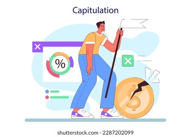 Cycle of investor emotions. Capitulation of male character throughout the cycle in share market. Man with a white flag. Emotional roller coaster of investing. Flat vector illustration