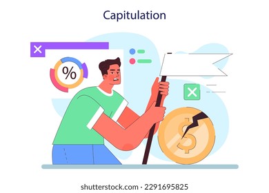 Cycle of investor emotions. Capitulation of male character throughout the cycle in share market. Man with a white flag. Emotional roller coaster of investing. Flat vector illustration