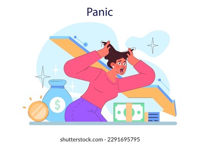 Cycle of investor emotions. Female character panicking throughout the cycle in share market. Despair woman with fear. Emotional roller coaster of investing. Flat vector illustration