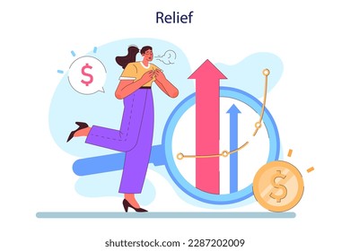 Cycle of investor emotions. Relief of female character throughout the cycle in share market. Woman with relieved sigh. Emotional rollercoaster of investing. Flat vector illustration