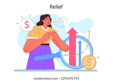 Cycle of investor emotions. Relief of female character throughout the cycle in share market. Woman with relieved sigh. Emotional rollercoaster of investing. Flat vector illustration