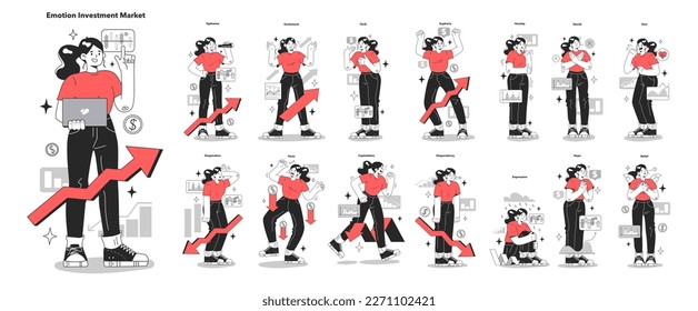 Cycle of investor emotions set. Emotions and feelings of female character throughout the cycle in share market. Emotional roller coaster of investing. Flat vector illustration