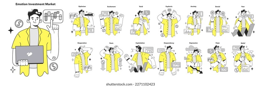 Cycle of investor emotions set. Emotions and feelings of male character throughout the cycle in share market. Emotional roller coaster of investing. Flat vector illustration