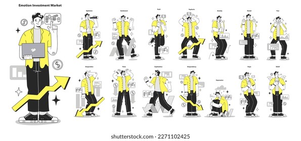 Cycle of investor emotions set. Emotions and feelings of male character throughout the cycle in share market. Emotional roller coaster of investing. Flat vector illustration