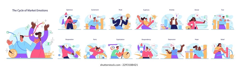 Cycle of investor emotions set. Emotions and feelings of male and female character throughout the cycle in share market. Emotional roller coaster of investing. Flat vector illustration