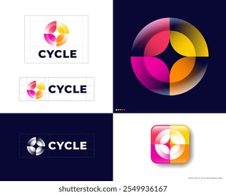 Logotipo do ciclo. O símbolo de ciclo consiste em elementos arredondados amarelos, cor-de-rosa, vermelhos e laranja. Identidade da marca, uso de cores e ícone do aplicativo.